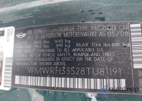 2008 Mini Cooper S z USA, uszkodzony, nr VIN WMWRH33528TU81191